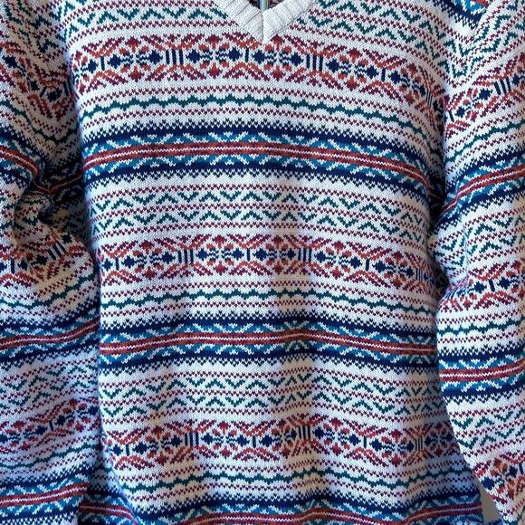 Men's Fair Isle Fisherman Cotton V-neck Long Sleeve Sweater Ribbed Hem Size XL - Picture 2 of 10